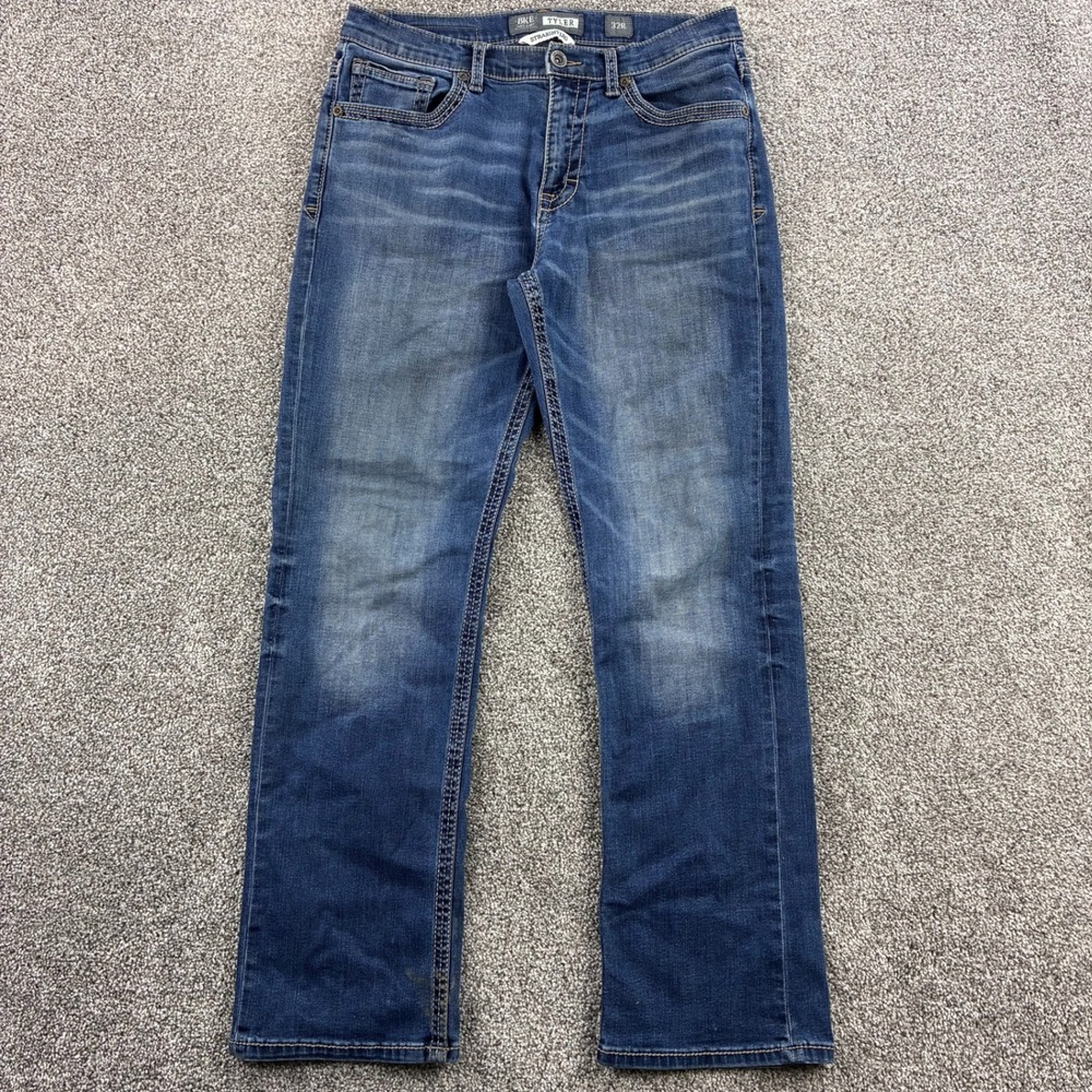 BKE Buckle Jeans‎ Mens 32R Blue Tyler Straight Western Whiskers White Stitching